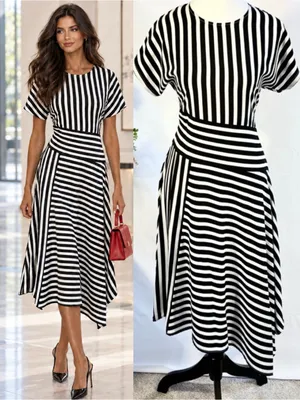 💥Karl Lagerfeld Paris Black White Striped Asymmetrical Midi Dress Sz 4💛 thumbnail 2