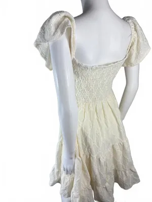 Cream Smocked Puff Sleeve Mini Dress Size S thumbnail 4