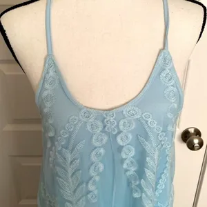 Miami| Sky blue baby doll dress w/ lace overlay. Spaghetti straps w/ razorback thumbnail 2