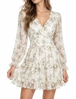 Bitter Sweet Ivory Floral Mini Dress M Surplice Ruffle Long Sleeve Boho Romantic thumbnail 1
