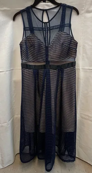 L'ATISTE L Navy Blue Wedding Guest Sheer Mesh Illusion Midi Dress Self Portrait thumbnail 1