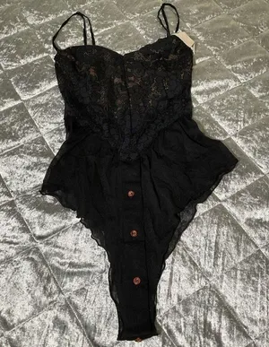 NEW HAH by Free People Womens XS Black Skate HAHround Romper lace button accent thumbnail 6