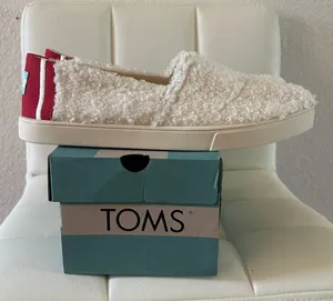 TOMS Cream and Red Fuzzy Slip-On Shoes thumbnail 1