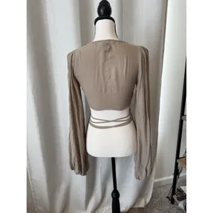 Princess Polly Cropped Top Womens 2 Beige knit Long Sleeve Boho Tie Waisted thumbnail 6