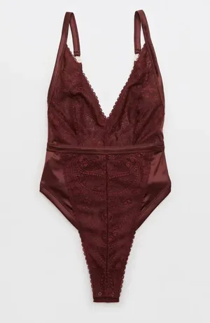NWOT Aerie Burgundy Paisley Lace Bodysuit - Large thumbnail 1