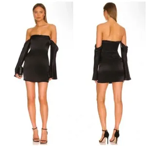 CAMILA COELHO Charlie Black Satin Off Shoulder Mini Dress Size XXS thumbnail 2
