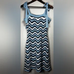 FCT With Love *FLAWED*‎ Crochet Blue and White Wave Mini Dress Size Large thumbnail 3