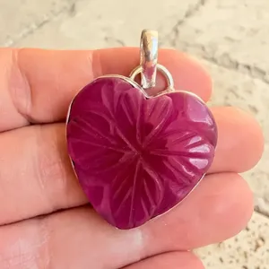 Carved Ruby Heart Clover Pendant 925 Silver Overlay Red thumbnail 8