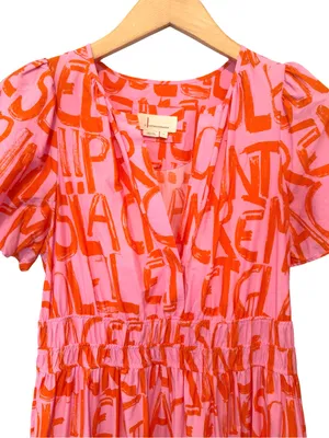 Anthropologie The Somerset French Writing Maxi Dress Pink Orange Size Medium thumbnail 3