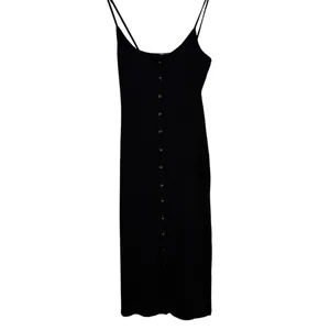 ZARA Ribbed Button Bodycon Midi Dress Strappy Stretch Slim Round Neck M Black thumbnail 13
