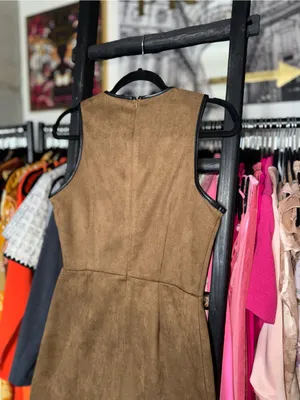 Flat White Faux Suede Bow Trim Sleeveless Mini Dress Brown Womens Small EUC thumbnail 13