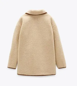 ZARA Tan Brown Cream Sherpa Suede Leather Button Down Coat Jacket thumbnail 11