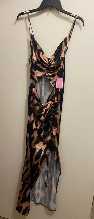 Pretty Litte Thing Womens Satin Tank Maxi Dress Size 4 Leopard Print Cutout NWT thumbnail 1