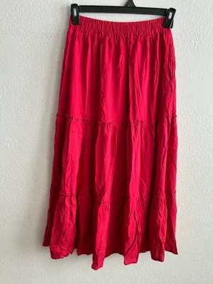 Tiered Pockets Solid Red Color High Waist Flowy Boho Mid Skirt M thumbnail 8