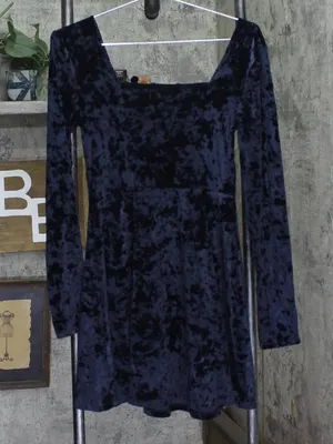 Aeropostale Womens Long Sleeve V-Neck Crushed Velvet Skater Dress Dark Blue M thumbnail 2