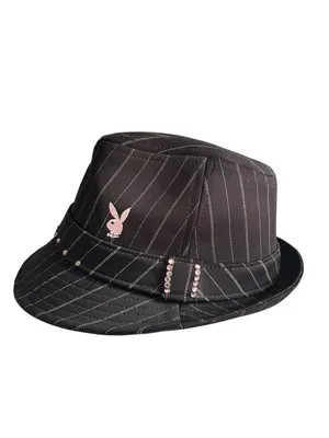 Y2K Playboy Fedora Pink Rhinestone Pinstriped Size L/XL Bling 2000s Grunge Bimbo thumbnail 6