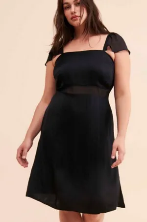 Anthropologie Sheer Flutter Sleeve Dress Silky Satin Black Women’s Size 16 thumbnail 1