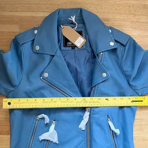 NWT Lock & Love Blue Faux Leather 1984 Motorcycle Belted Cropped Jacket S thumbnail 7