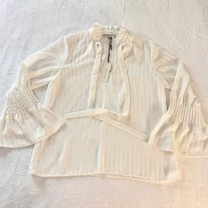 Waverly‎ Grey Tie Neck Ruffle Blouse Womens Size M White Smocked Sleeve Striped thumbnail 1