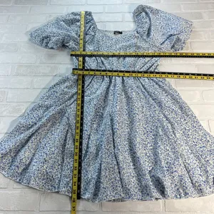 Mikarose Dress Womens Large Blue Floral Puff Sleeve Milkmaid Smocked Pockets‎ L thumbnail 2