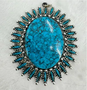 Vintage Silver Tone and Turquoise Pendant Large Oval Southwestern Western thumbnail 1