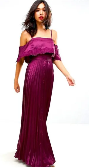 ASOS Plum Burgundy Satin Lace Trim Pleated Cold Shoulder Maxi Dress Size 4 thumbnail 1
