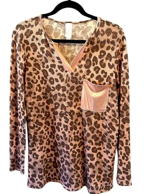 HoneyMe Small Brown/Tan‎ Leopard Print Waffle Knit Top NWOT thumbnail 1