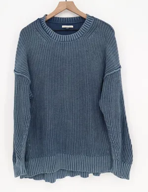 American Eagle Blue Acid Wash Shaker Stitch Cotton Knit Sweater Women's Medium M thumbnail 1