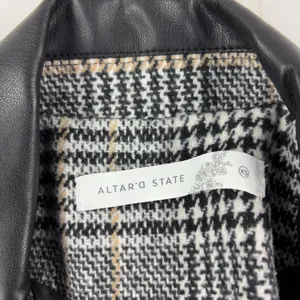 Altar'd State Blazer Womens XS Gray Plaid Faux Leather Collar Lined Jacket thumbnail 3
