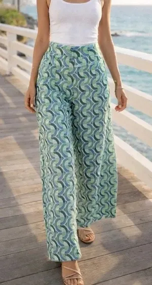 ZARA Printed Wide Leg Pant Green Blue Geometric High Waist Stretch MEDIUM thumbnail 1