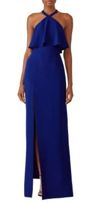 AMANDA UPRICHARD Royal Blue Halter Neckline Fitted Side Slit Gown Size Small thumbnail 1