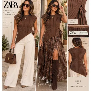 Zara Womens Brown Ribbed Asymmetrical Side Tie Short Sleeve Knit Top Small thumbnail 2