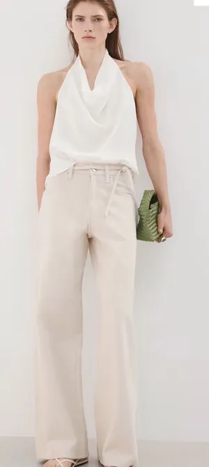 MNG Mango Women Beige Wide Leg Mid Waist Cotton Trousers with Tie Belt Size 10 thumbnail 1