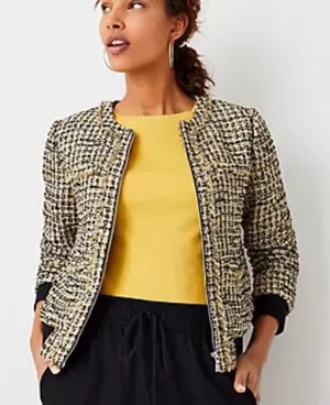 Ann Taylor Tweed‎ Jacket Bomber Zip Blazer Size 8 Fringe Career Yellow Metallic thumbnail 1