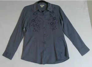 Ariat Womens M Button Down Shirt Blue Floral Embroidered Rhinestone Western Top thumbnail 1