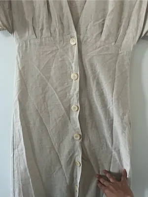 Mango Beige Linen Blend Midi Shirt Dress 4 Button Front Coastal Euro Summer thumbnail 4