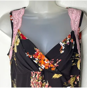 Y2K j.t.b. Floral and lace trim wraps v-neck tank top large brown pink orange poppy thumbnail 3