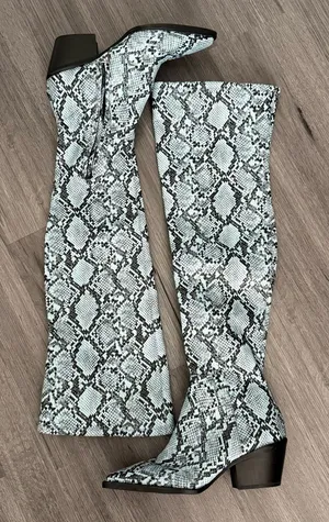 Gianni Bini Blue Snake Print Pointed Thigh High Boots 7 thumbnail 1