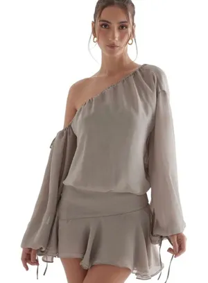 House of CB Off-Shoulder Chiffon Mini Dress XS - Ash Green thumbnail 1
