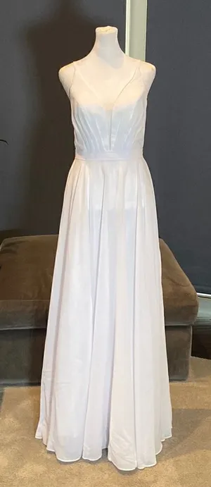 Women’s Elegant White Chiffon Full Length Dress CorsetBack Leg Slit Size 2 *READ thumbnail 1