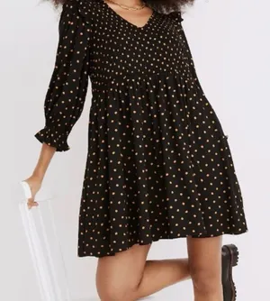 Madewell lucie smocked v neck mini dress Black Dress with Gold Dots size medium thumbnail 1