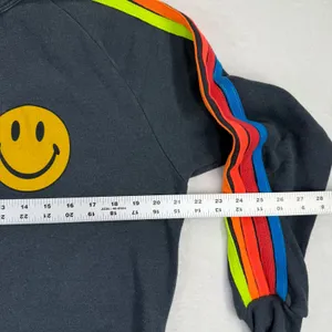 Aviator Nation Womens Smiley Face‎ Rainbow Stripe Raglan Sweatshirt Gray Medium thumbnail 2
