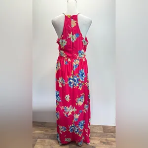 Everly Hot Pink Floral Halter Neckline Maxi Sundress Pleated Skirt Boho Vacation Party thumbnail 6
