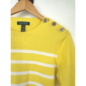 Lauren Ralph Lauren Sweater Women Large Yellow Striped Button Nautical Old Money thumbnail 2