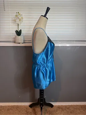 Vintage Sapphire Blue Satin Lace Cami Top Made USA Union Tag Size M thumbnail 5