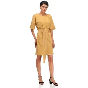Zara Belted Tunic Shirt Mini Dress Brown Beige Size Large 100% Cotton thumbnail 7