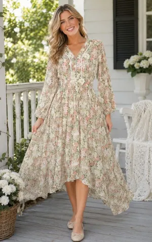 NWT IVY CITY CO Bree Floral Dress Midi Maxi Lace Trims Feminine Romantic Large thumbnail 1