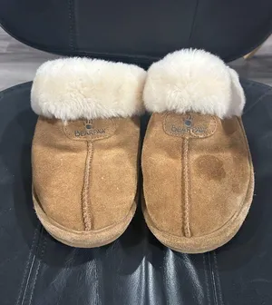 BearPaw Chestnut Suede Shearling Clog Slippers with Cream Cuff please see stain thumbnail 1