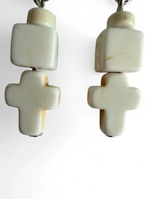 ⁠Handmade Cream Cross & Geometric Cube Bead Drop Earrings thumbnail 2
