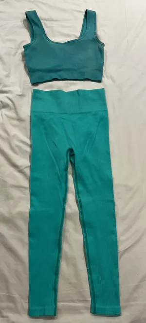 Teal Ribbed Sports Bra and Leggings Set thumbnail 1